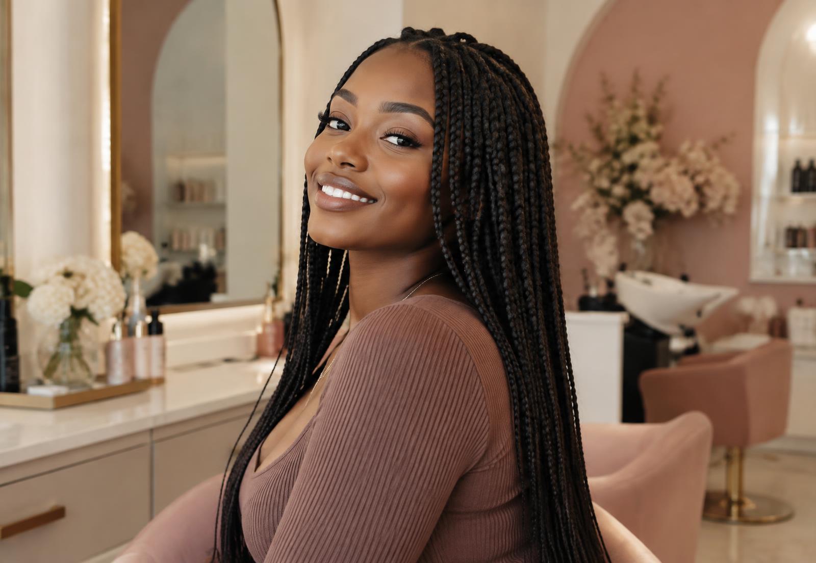 Cliente coiffée de longues tresses knotless au salon Olivia Beauty